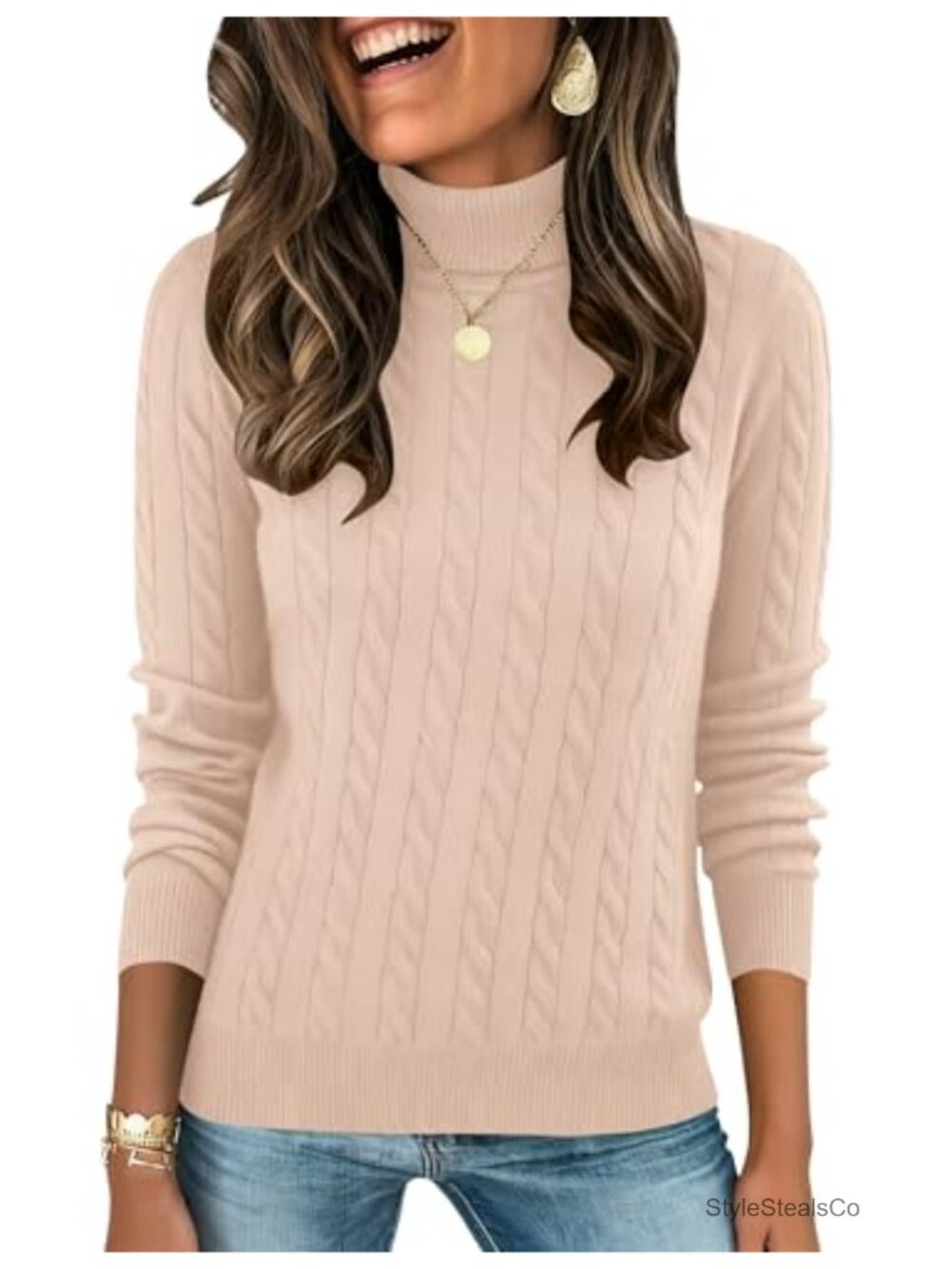 Women's Cable Knit Turtleneck Sweater Slim Fit Long Sleeve Pullover
